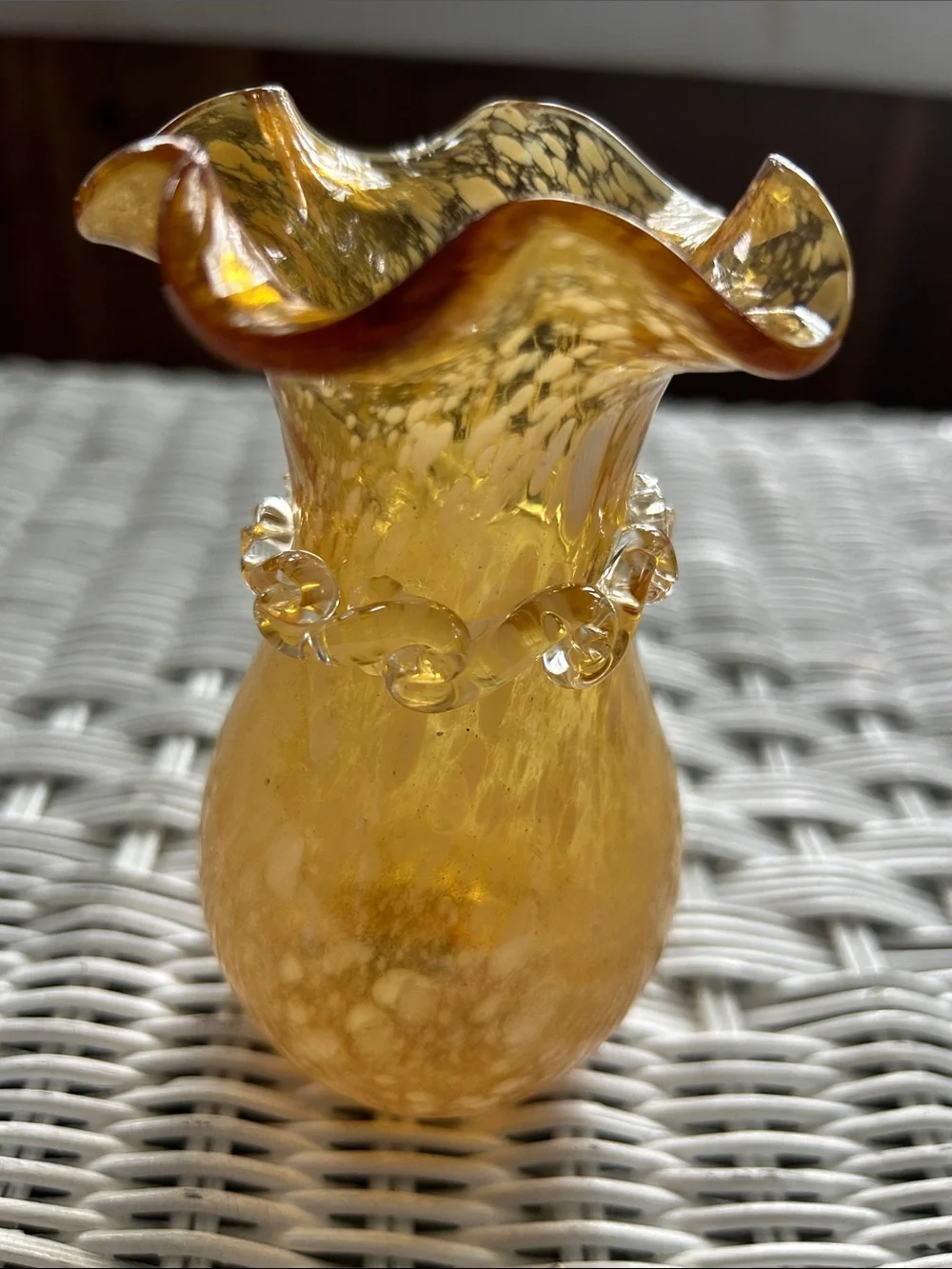 Vintage Art Glass Ruffled Handkerchief rim Vase in Amber Gold and White Speckles
